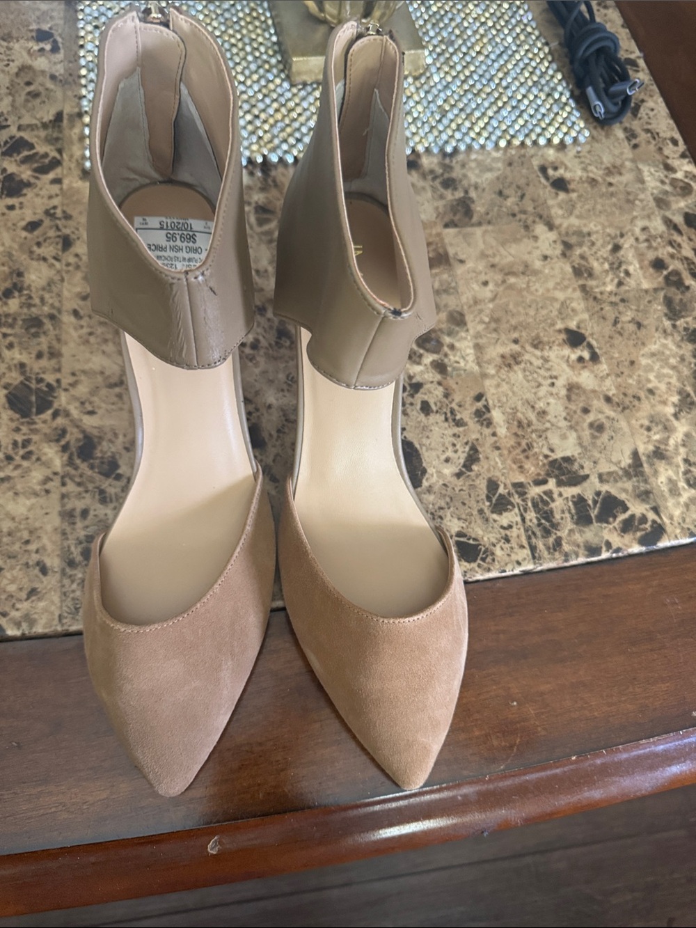 IMAN Two-Tone Taupe Pointed Ankle-Cuff Heels